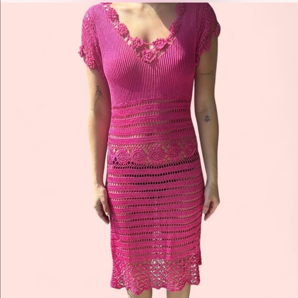 Pink crochet lace V-neck midi dress/coverup with ruffle hem